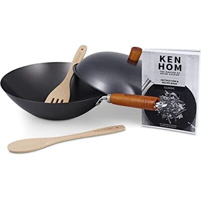 Ken Hom Carbon Steel Wok Set, 31cm, Includes Non-Stick Wok Pan with Lid, Wooden Utensils and Recipe Book, Classic, Non-Induction/Wooden Handle/Flat Base Pan Ken Hom Carbon Steel Wok Set, 31cm, Includes Non-Stick Wok Pan with Lid, Wooden Utensils and Recipe Book, Classic, Non-Induction/Wooden Handle/Flat Base Pan