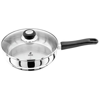 Judge Vista Stainless Steel Large Saute Pan 24cm, Shatterproof Vented Glass Lid, Induction Ready, Oven Safe Judge Vista Stainless Steel Large Saute Pan 24cm, Shatterproof Vented Glass Lid, Induction Ready, Oven Safe