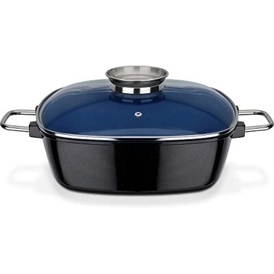 GSW Stahlwaren GmbH Roaster Extra-High with Aroma Knob Glass Lid, Blue/Black/Clear, 28 x 28 x 8.5 cm, 5 Litre GSW Stahlwaren GmbH Roaster Extra-High with Aroma Knob Glass Lid, Blue/Black/Clear, 28 x 28 x 8.5 cm, 5 Litre