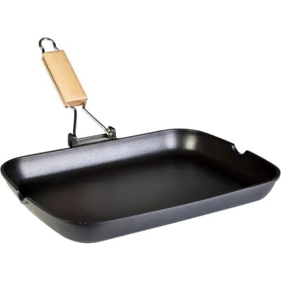 WECOOK! Smooth Grill Pan, Non-Stick, Cast Aluminium, 34 x 24 cm ILAG coating, 5 mm thick, full induction base, folding wood handle, all hob types WECOOK! Smooth Grill Pan, Non-Stick, Cast Aluminium, 34 x 24 cm ILAG coating, 5 mm thick, full induction base, folding wood handle, all hob types
