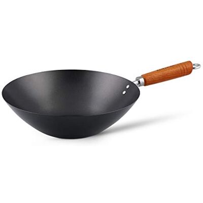 Ken Hom Carbon Steel Wok, Non-Stick 31cm, Classic, Non-Induction/Wooden Handle/Flat Base Pan, Includes 1 x Chinese Wok Pan, Not Dishwasher Safe Ken Hom Carbon Steel Wok, Non-Stick 31cm, Classic, Non-Induction/Wooden Handle/Flat Base Pan, Includes 1 x Chinese Wok Pan, Not Dishwasher Safe