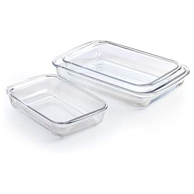 Qdesign Set of 3 Rectangular Borosilicate Glass Oven Dishes 1.6L + 2.2L + 3L Use -40°C / 460°C Strong Handles Stackable Transparent Qdesign Set of 3 Rectangular Borosilicate Glass Oven Dishes 1.6L + 2.2L + 3L Use -40°C / 460°C Strong Handles Stackable Transparent
