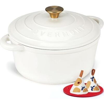 OVERMONT 28cm/6.6L Enamelled Cast Iron Round Casserole Dish With Lid,7QT, Cookbook -Non-stick Dutch Oven for Braising, Stews, Roasting, Bread Baking Pearl White OVERMONT 28cm/6.6L Enamelled Cast Iron Round Casserole Dish With Lid,7QT, Cookbook -Non-stick Dutch Oven for Braising, Stews, Roasting, Bread Baking Pearl White