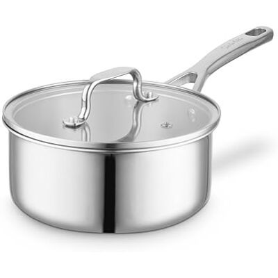 Sur La Table Tri-Ply 20cm Saucepan with Tempered Glass Lid, Satin Interior Finish, Induction Compatible, Stainless Steel, SLT900233 Sur La Table Tri-Ply 20cm Saucepan with Tempered Glass Lid, Satin Interior Finish, Induction Compatible, Stainless Steel, SLT900233