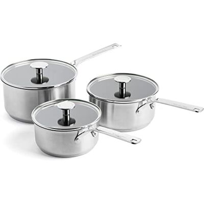 KitchenAid Stainless Steel 3-Layer Non-Stick 16 cm, 18 cm & 20 cm Saucepan Set, Tempered Glass Lids, Multi Clad, Induction, Oven Safe up to 220°C, Silver KitchenAid Stainless Steel 3-Layer Non-Stick 16 cm, 18 cm & 20 cm Saucepan Set, Tempered Glass Lids, Multi Clad, Induction, Oven Safe up to 220°C, Silver