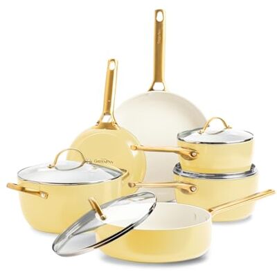 Greenpan Reserve Hard Anodised Healthy Ceramic Non-Stick Cookware Set, 10 Pieces, Includes Frying Pans Saute Pan and Cooking Pot, Gold Handle, PFAS-Free, Induction, Oven-Safe, Yellow Greenpan Reserve Hard Anodised Healthy Ceramic Non-Stick Cookware Set, 10 Pieces, Includes Frying Pans Saute Pan and Cooking Pot, Gold Handle, PFAS-Free, Induction, Oven-Safe, Yellow