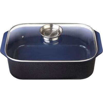 GSW Stahlwaren GmbH Rectangular Roaster with Aroma Knob Glass Lid, 40 x 26 x 11 cm, 8 L, Cast Aluminium, Blue/Black/Clear GSW Stahlwaren GmbH Rectangular Roaster with Aroma Knob Glass Lid, 40 x 26 x 11 cm, 8 L, Cast Aluminium, Blue/Black/Clear