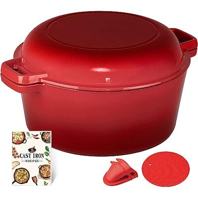 OVERMONT 2 in 1 Enameled Cast Iron Dutch Oven with Skillet Lid & Cookbook for Induction, Electric, Grill, Stovetop, Bread Baking (5 Quart) OVERMONT 2 in 1 Enameled Cast Iron Dutch Oven with Skillet Lid & Cookbook for Induction, Electric, Grill, Stovetop, Bread Baking (5 Quart)