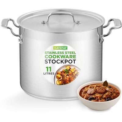 Nutrichef Stainless Steel Stock Pot 11 Litre – Large Induction Cooking Pot with Lid, Food Grade Steel, Mirror Finish, for Soups, Stews, Pasta, Catering, Gas, Electric & Halogen Hob Compatible Nutrichef Stainless Steel Stock Pot 11 Litre – Large Induction Cooking Pot with Lid, Food Grade Steel, Mirror Finish, for Soups, Stews, Pasta, Catering, Gas, Electric & Halogen Hob Compatible