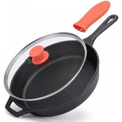 Nutrichef Cast Iron Skillet Pan 27cm w/Lid, Silicone Handle, Black Pre-Seasoned Induction & All Cooktops Great for Steak, Searing & Roasting Side Drip Spout for Easy Pouring Nutrichef Cast Iron Skillet Pan 27cm w/Lid, Silicone Handle, Black Pre-Seasoned Induction & All Cooktops Great for Steak, Searing & Roasting Side Drip Spout for Easy Pouring