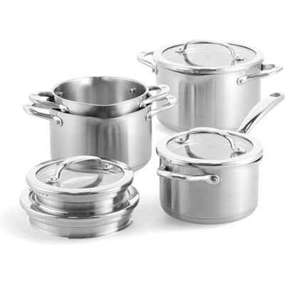 Blue Diamond BK Twist Stainless Steel 4-Pan Set with Lids Stackable stainless steel pans, locking lids for draining, induction suitable and dishwasher safe Blue Diamond BK Twist Stainless Steel 4-Pan Set with Lids Stackable stainless steel pans, locking lids for draining, induction suitable and dishwasher safe