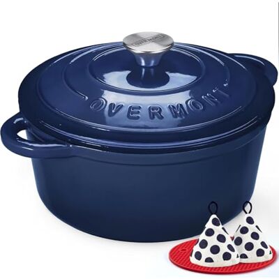 OVERMONT 28cm/6.6L Enamelled Cast Iron Round Casserole Dish With Lid,7QT, Cookbook -Non-stick Dutch Oven for Braising, Stews, Roasting, Bread Baking Indigo OVERMONT 28cm/6.6L Enamelled Cast Iron Round Casserole Dish With Lid,7QT, Cookbook -Non-stick Dutch Oven for Braising, Stews, Roasting, Bread Baking Indigo