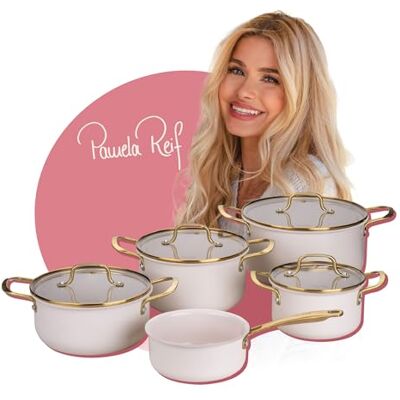 Fackelmann x Pamela Reif 9-Piece Saucepan Set Recycled Aluminium, Pastel Beige, with Glass Lid, PFAS Free Ceramic Coating, Suitable for Induction Cookers Fackelmann x Pamela Reif 9-Piece Saucepan Set Recycled Aluminium, Pastel Beige, with Glass Lid, PFAS Free Ceramic Coating, Suitable for Induction Cookers