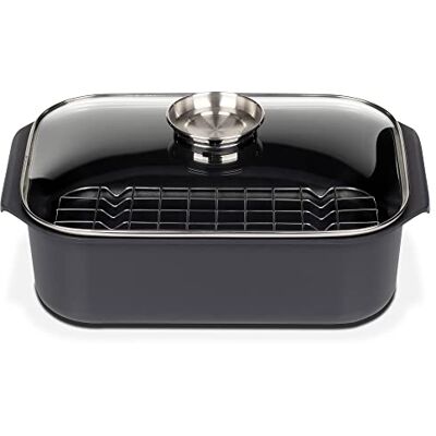 GSW Gourmet rectangular roaster with aroma glass lid and grill insert, cast aluminum, black, ø approx. 40 x 26 x H 11cm GSW Gourmet rectangular roaster with aroma glass lid and grill insert, cast aluminum, black, ø approx. 40 x 26 x H 11cm