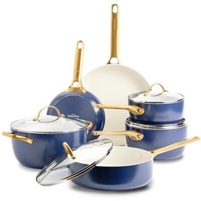 Greenpan Reserve Hard Anodised Healthy Ceramic Non-Stick Cookware Set, 10 Pieces, Includes Frying Pans Saute Pan and Cooking Pot, Gold Handle, PFAS-Free, Induction, Oven-Safe, Blush Blue Greenpan Reserve Hard Anodised Healthy Ceramic Non-Stick Cookware Set, 10 Pieces, Includes Frying Pans Saute Pan and Cooking Pot, Gold Handle, PFAS-Free, Induction, Oven-Safe, Blush Blue