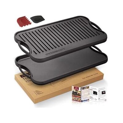 OVERMONT Pre-Seasoned Cast Iron Reversible Griddle Grill Pan with Handles for Gas Stovetop Open Fire Oven, 43.18 * 24.89CM (17x9.8) One Tray, Scrapers Included OVERMONT Pre-Seasoned Cast Iron Reversible Griddle Grill Pan with Handles for Gas Stovetop Open Fire Oven, 43.18 * 24.89CM (17x9.8) One Tray, Scrapers Included