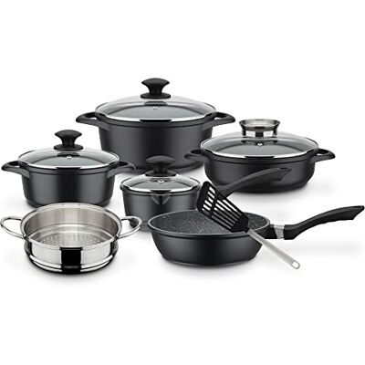 GSW Gourmet Granite Saucepan and Pan Set High Quality Set of Pots, Casseroles, Pans and More Including Lids Also Suitable for Induction Cookers Cast Aluminium 10-Piece GSW Gourmet Granite Saucepan and Pan Set High Quality Set of Pots, Casseroles, Pans and More Including Lids Also Suitable for Induction Cookers Cast Aluminium 10-Piece