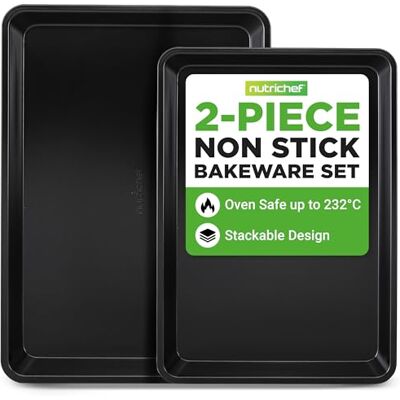 Nutrichef Non-Stick Cookie Tray Set- 2-Piece, Easy Clean, Stackable Cookie Sheets, Dishwasher Safe, Oven Safe, PFOA Free, Non-Toxic Bakeware, Perfect for Baking & Roasting- Black Nutrichef Non-Stick Cookie Tray Set- 2-Piece, Easy Clean, Stackable Cookie Sheets, Dishwasher Safe, Oven Safe, PFOA Free, Non-Toxic Bakeware, Perfect for Baking & Roasting- Black