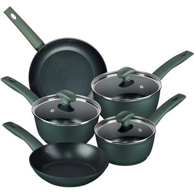 Prestige Earth Friendly Non-Stick Induction Saucepan & Frying Pan Set with Lids – 5 Piece, Non-Toxic, Recycled Aluminium, Made in Italy, Green Prestige Earth Friendly Non-Stick Induction Saucepan & Frying Pan Set with Lids – 5 Piece, Non-Toxic, Recycled Aluminium, Made in Italy, Green