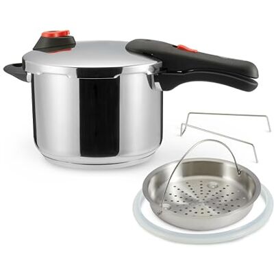 Amazon Basics Stainless Steel Pressure Cooker with Steamer, 6 litres, Silver Amazon Basics Stainless Steel Pressure Cooker with Steamer, 6 litres, Silver