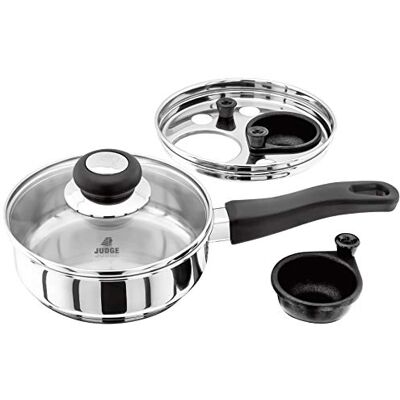 Judge Vista Stainless Steel Two Cup Egg Poacher and Frying Pan, Shatterproof Vented Glass Lid, Induction Ready, Oven Safe Judge Vista Stainless Steel Two Cup Egg Poacher and Frying Pan, Shatterproof Vented Glass Lid, Induction Ready, Oven Safe