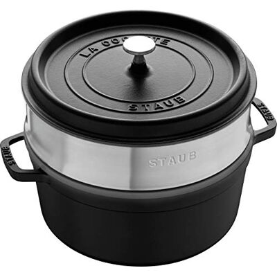 STAUB Cast Iron Roaster/Cocotte, With Steam Insert, Round 26 cm, 5.2 L, With Matte Black Enamel Inside the Pot, Black STAUB Cast Iron Roaster/Cocotte, With Steam Insert, Round 26 cm, 5.2 L, With Matte Black Enamel Inside the Pot, Black