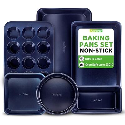 Nutrichef Non Stick Bakeware Set 6 Piece– Carbon Steel Baking Tray & Cake Tin Set with Blue Coating – Oven Safe to 230°C – Includes Muffin Tray, Loaf Tin, Cookie Sheet & Roasting Pans Nutrichef Non Stick Bakeware Set 6 Piece– Carbon Steel Baking Tray & Cake Tin Set with Blue Coating – Oven Safe to 230°C – Includes Muffin Tray, Loaf Tin, Cookie Sheet & Roasting Pans