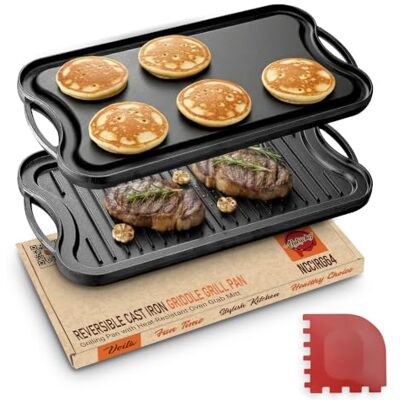 NutriChef Reversible Cast Iron Griddle Pan – 51 x 26cm, Non-Stick Flat and Ridged Grill Pan for Hob/Oven/BBQ, Induction and Gas Safe, PFOA & PFOS Free, Includes Scraper- Black NutriChef Reversible Cast Iron Griddle Pan – 51 x 26cm, Non-Stick Flat and Ridged Grill Pan for Hob/Oven/BBQ, Induction and Gas Safe, PFOA & PFOS Free, Includes Scraper- Black