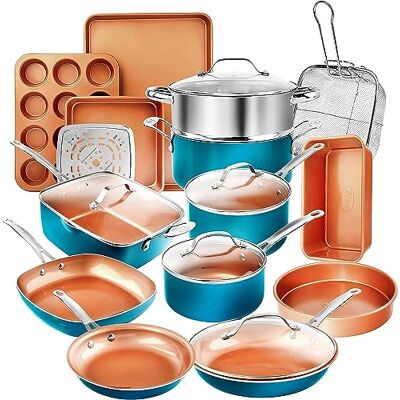 GOTHAM STEEL Cookware and Bakeware Set with Nonstick Durable Ceramic Copper Coating – Includes Skillets, Stock Pots, Deep Square Fry Basket, Turquoise, 20 Piece Set GOTHAM STEEL Cookware and Bakeware Set with Nonstick Durable Ceramic Copper Coating – Includes Skillets, Stock Pots, Deep Square Fry Basket, Turquoise, 20 Piece Set