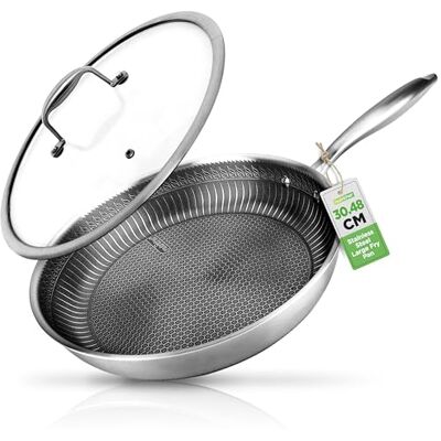 Nutrichef Stainless Steel Frying Pan, 30cm Frying Pan, Triply Kitchenware Stir Fry Pans Kitchen Cookware w/Dakin Etching, Scratch-Resistant, Non Stick Wok with Lid, Honeycomb Fire Textured Pattern Nutrichef Stainless Steel Frying Pan, 30cm Frying Pan, Triply Kitchenware Stir Fry Pans Kitchen Cookware w/Dakin Etching, Scratch-Resistant, Non Stick Wok with Lid, Honeycomb Fire Textured Pattern