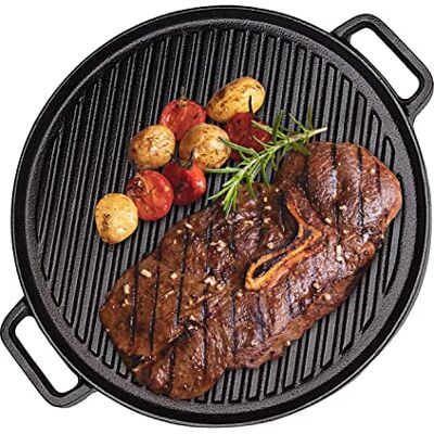 HOHAOO Cast Iron Griddle Pan, Double-Sided Grill Pan with Double Handles, Non-Stick Induction Skillet Pan for Steaks, Broil, Bread, Eggs, Pancakes, Vegetables, Black, 30 cm/12 HOHAOO Cast Iron Griddle Pan, Double-Sided Grill Pan with Double Handles, Non-Stick Induction Skillet Pan for Steaks, Broil, Bread, Eggs, Pancakes, Vegetables, Black, 30 cm/12