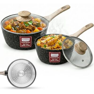 Rainberg Saucepan with Lid, Nonstick Milk Pan Suitable with Induction, Gas and Electric Hobs, Cooking Pot with Pour Spout. (Black, 2PK 16 & 18cm) Rainberg Saucepan with Lid, Nonstick Milk Pan Suitable with Induction, Gas and Electric Hobs, Cooking Pot with Pour Spout. (Black, 2PK 16 & 18cm)
