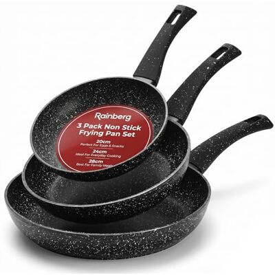 Rainberg 3 Pack Non Stick Frying Pan Set, Granite Coating, Non Toxic PFOA Free, Induction Gas Electric Hobs Compatible, Anti Scratch Omelette Pan, 20cm,24cm & 28cm Cookware Frying Pans Set (Black) Rainberg 3 Pack Non Stick Frying Pan Set, Granite Coating, Non Toxic PFOA Free, Induction Gas Electric Hobs Compatible, Anti Scratch Omelette Pan, 20cm,24cm & 28cm Cookware Frying Pans Set (Black)