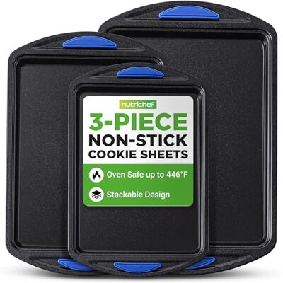 Nutrichef 3-Piece Nonstick Cookie Sheets for Baking – Carbon Steel Stackable Bakeware Set w/Silicone Handles Non Toxic Baking Pan Durable & Wrap Resistance, Oven Safe Easy cleanup Nutrichef 3-Piece Nonstick Cookie Sheets for Baking – Carbon Steel Stackable Bakeware Set w/Silicone Handles Non Toxic Baking Pan Durable & Wrap Resistance, Oven Safe Easy cleanup
