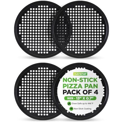 Nutrichef Non-Stick Pizza Pans 33cm, 4-Pack Round Pizza Tray for Oven, Commercial-Grade Carbon Steel Baking Steel, Non Stick Grey Coating, Ideal Baking Accessories for Stuffed Crust Nutrichef Non-Stick Pizza Pans 33cm, 4-Pack Round Pizza Tray for Oven, Commercial-Grade Carbon Steel Baking Steel, Non Stick Grey Coating, Ideal Baking Accessories for Stuffed Crust