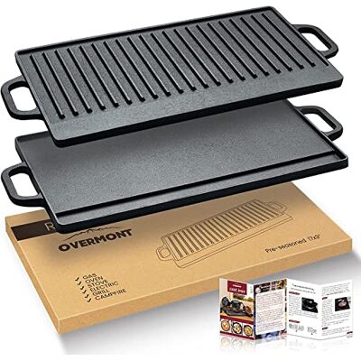 OVERMONT Pre-Seasoned Cast Iron Reversible Griddle Grill Pan with Handles for Gas Stovetop Open Fire Oven, 51.2 * 23.5CM (20x9.2) One Tray, Scrapers Included OVERMONT Pre-Seasoned Cast Iron Reversible Griddle Grill Pan with Handles for Gas Stovetop Open Fire Oven, 51.2 * 23.5CM (20x9.2) One Tray, Scrapers Included
