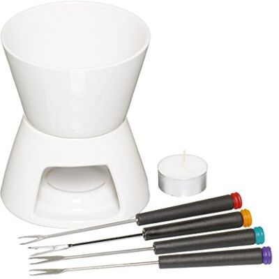KitchenCraft Ceramic Chocolate Fondue Set with Stainless Steel Forks Colour-Coded Fondue Forks, Suitable for Chocolate and Cheese, Powered by Tealight Candle, Dishwasher Safe KitchenCraft Ceramic Chocolate Fondue Set with Stainless Steel Forks Colour-Coded Fondue Forks, Suitable for Chocolate and Cheese, Powered by Tealight Candle, Dishwasher Safe