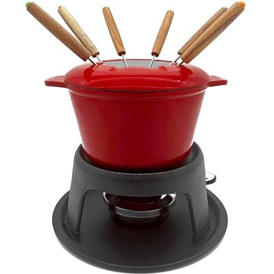 andrew james Fondue Set for Cheese or Chocolate, Red Enamelled Cast Iron with 130mml Capacity and Gel Fuel Burner, Cast Iron Pot On Tripod with 22cm Base, Includes 8 Colour Coded Fondue Forks andrew james Fondue Set for Cheese or Chocolate, Red Enamelled Cast Iron with 130mml Capacity and Gel Fuel Burner, Cast Iron Pot On Tripod with 22cm Base, Includes 8 Colour Coded Fondue Forks