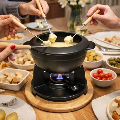 Baumalu Fondue Set Cast Iron Pot Splash-Proof lid Stove Dough Burner 6 Forks Wooden Tray Fondue Bourguignonne, Savoyard or Chocolate Matt Black/Wood Baumalu Fondue Set Cast Iron Pot Splash-Proof lid Stove Dough Burner 6 Forks Wooden Tray Fondue Bourguignonne, Savoyard or Chocolate Matt Black/Wood