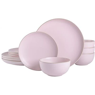 Gibson 131712.12R Rockaway Round Stoneware Dinnerware Set, Pink Gibson 131712.12R Rockaway Round Stoneware Dinnerware Set, Pink