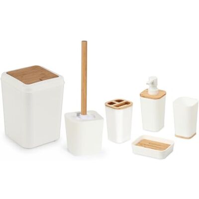 Herzberg , HG04463 6 Piece Bamboo Bathroom Set Modern Design Practical Accessories Ideal for Home Decor Standard Cream Herzberg , HG04463 6 Piece Bamboo Bathroom Set Modern Design Practical Accessories Ideal for Home Decor Standard Cream