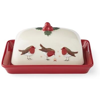 Cooksmart Christmas Robins Retreat Butter Dish Glass Butter Dish with Lid for Kitchen & Table Durable Ceramic & Glass Storage Container Festive Robin Design Butter Tray for Everyday Use Cooksmart Christmas Robins Retreat Butter Dish Glass Butter Dish with Lid for Kitchen & Table Durable Ceramic & Glass Storage Container Festive Robin Design Butter Tray for Everyday Use