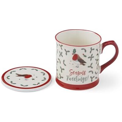 Cooksmart Christmas Robins Retreat Tankard Mug & Coaster Set Large Ceramic Coffee Mug with Festive Robin Design & Matching Coaster Gift Set for Home, Office & Special Occasions Cooksmart Christmas Robins Retreat Tankard Mug & Coaster Set Large Ceramic Coffee Mug with Festive Robin Design & Matching Coaster Gift Set for Home, Office & Special Occasions