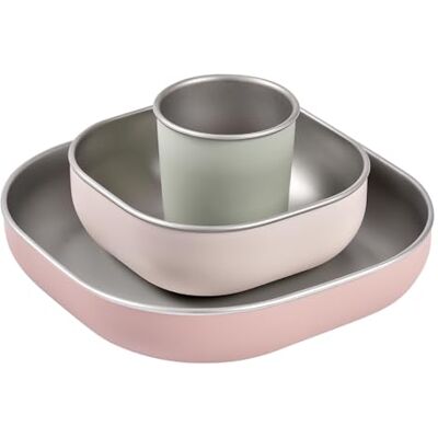Béaba , Stainless Steel Baby Meal Set, 3 Pieces, Glass + 2 Plates, Microwave and Dishwasher Safe, Healthy and Sturdy, Lightweight, Unbreakable, Non-Slip with Silicone Cover, Cotton Candy Béaba , Stainless Steel Baby Meal Set, 3 Pieces, Glass + 2 Plates, Microwave and Dishwasher Safe, Healthy and Sturdy, Lightweight, Unbreakable, Non-Slip with Silicone Cover, Cotton Candy