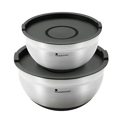 MasterPro Foodies Collection Set of 4 Stainless Steel Mixing Bowls with Lid Measuring Scale Non-Slip Base Durable and Stylish MasterPro Foodies Collection Set of 4 Stainless Steel Mixing Bowls with Lid Measuring Scale Non-Slip Base Durable and Stylish