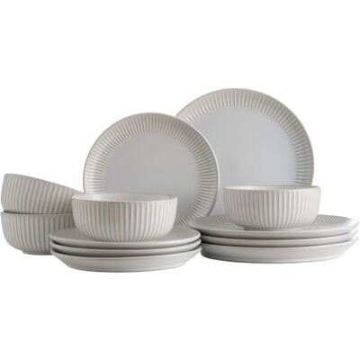 Mason Cash Reactive Ridge White 12 Piece Dinner Set Stoneware Set for 4 Mason Cash Reactive Ridge White 12 Piece Dinner Set Stoneware Set for 4