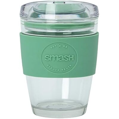 Smash Glass Coffee Cup 350ml / 8oz – Sage Reusable Borosilicate Glass Cup with Protective Silicone Sleeve, Splash-Proof Lid, Barista Friendly Smash Glass Coffee Cup 350ml / 8oz – Sage Reusable Borosilicate Glass Cup with Protective Silicone Sleeve, Splash-Proof Lid, Barista Friendly