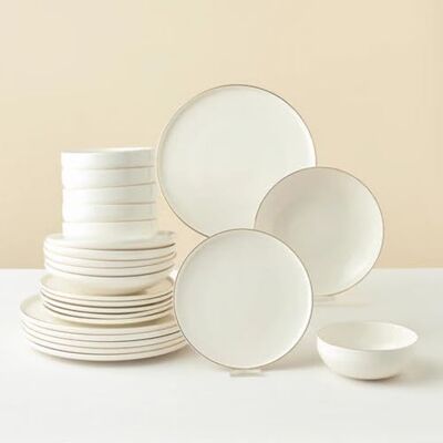 KARACA Stream Bone China Meridian 24-Piece Dinner Set for 6 People, Contemporary White Tableware with Elegant Gold Accents, Includes Round Dinner Plates, Side Plates, Pasta and Soup Bowls KARACA Stream Bone China Meridian 24-Piece Dinner Set for 6 People, Contemporary White Tableware with Elegant Gold Accents, Includes Round Dinner Plates, Side Plates, Pasta and Soup Bowls