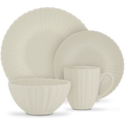 Swan 16 Piece Scallop Edge Stoneware Dinner Set, 4 x Dinner Plates, Side Plates, Bowls, Mugs, Durable, Microwave and Dishwasher Safe, Cream, SWKA1460CRM Swan 16 Piece Scallop Edge Stoneware Dinner Set, 4 x Dinner Plates, Side Plates, Bowls, Mugs, Durable, Microwave and Dishwasher Safe, Cream, SWKA1460CRM