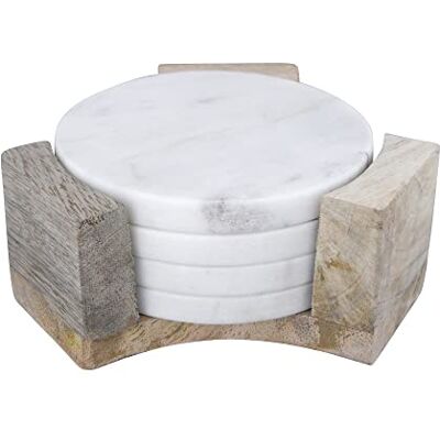 Bloomingville Round Marble Coasters with Mango Wood Holder (Set of 5 Pieces), Model Number: AH1054 Bloomingville Round Marble Coasters with Mango Wood Holder (Set of 5 Pieces), Model Number: AH1054